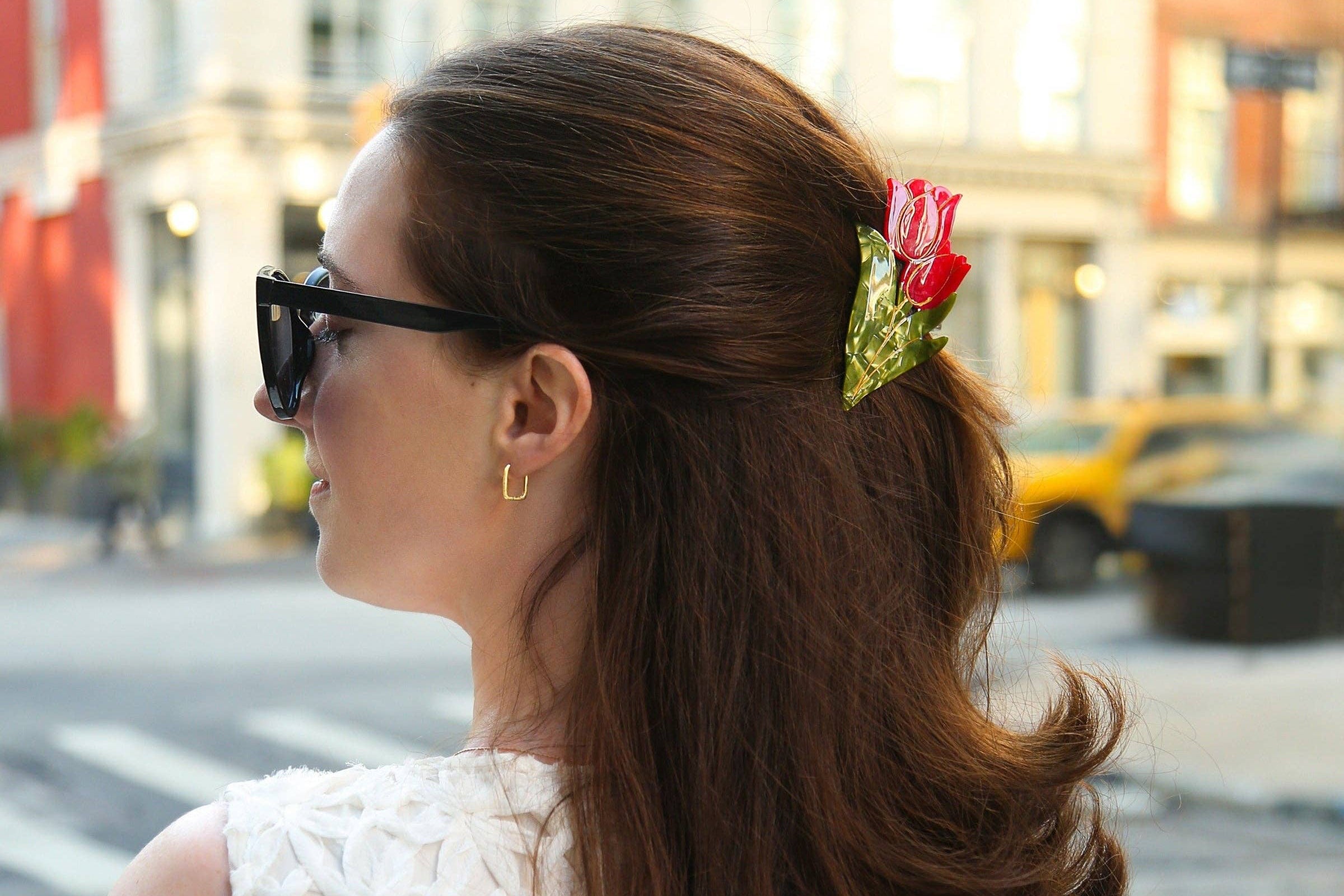 Hand-painted Vintage Tulips Claw Hair Clip | Eco-Friendly: Red